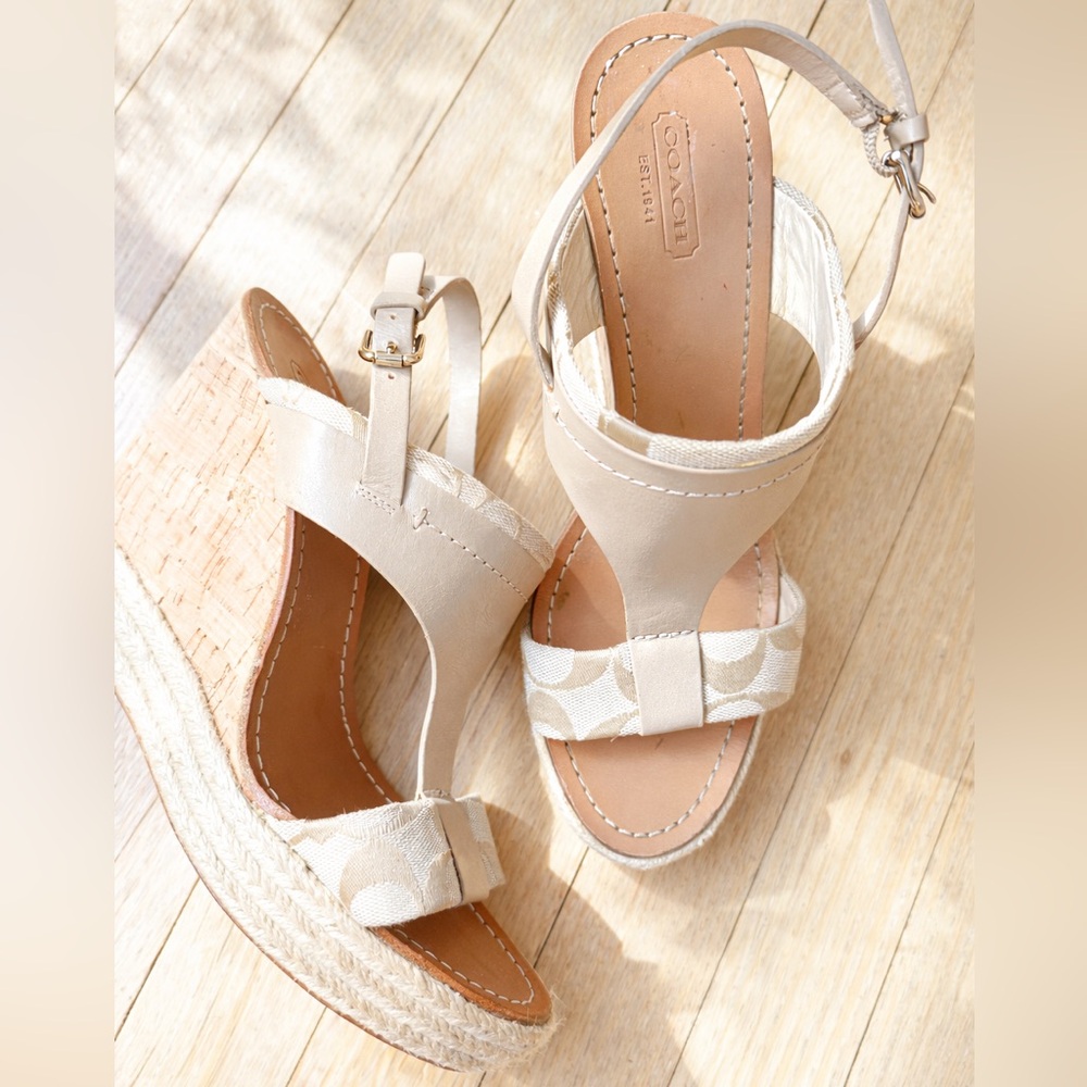 Coach Neutral Logo Espadrille Wedge Sandals - Beige Cream